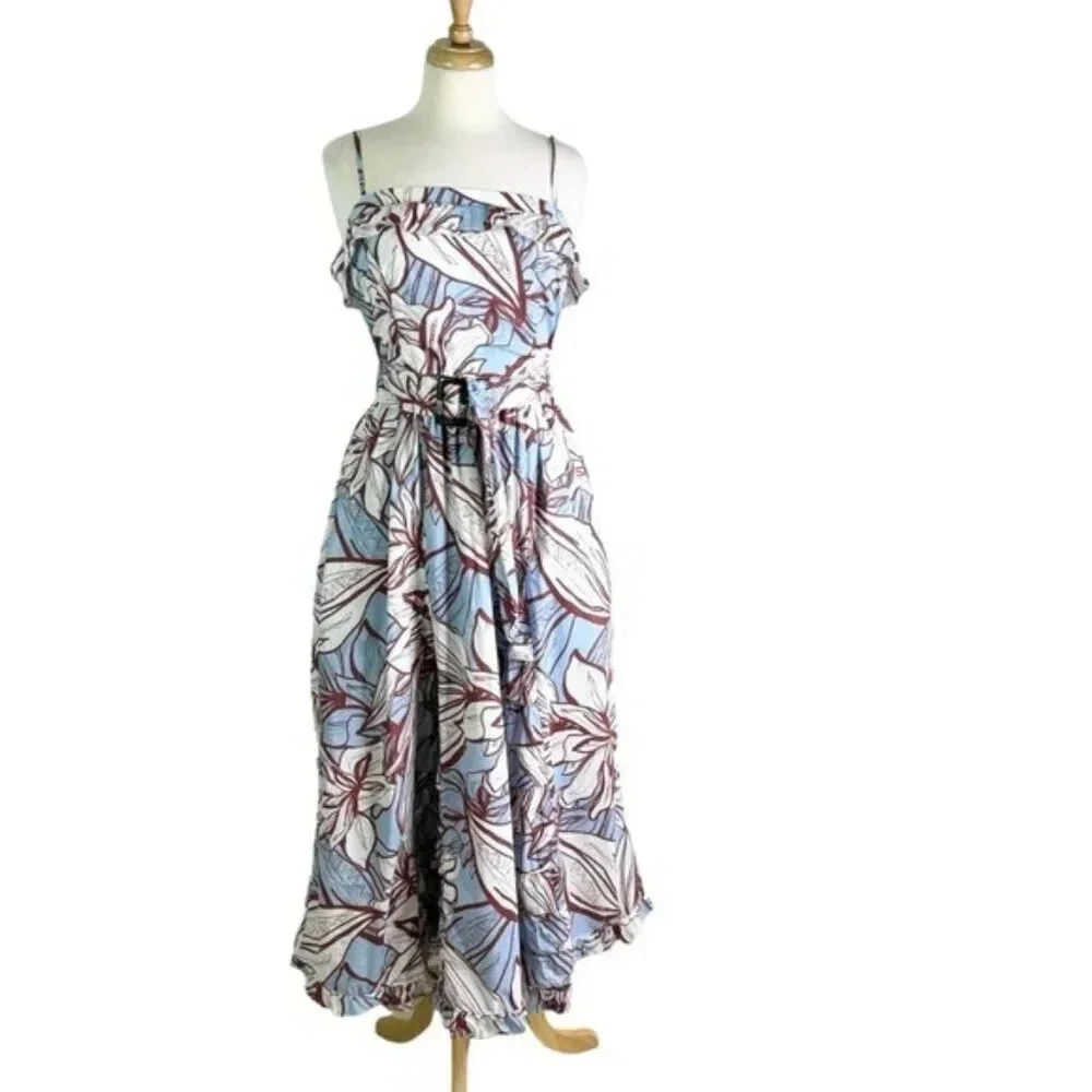 NICHOLAS Julie Cotton Floral Midi Dress Ruffle Detail and Pockets Blue Size 2